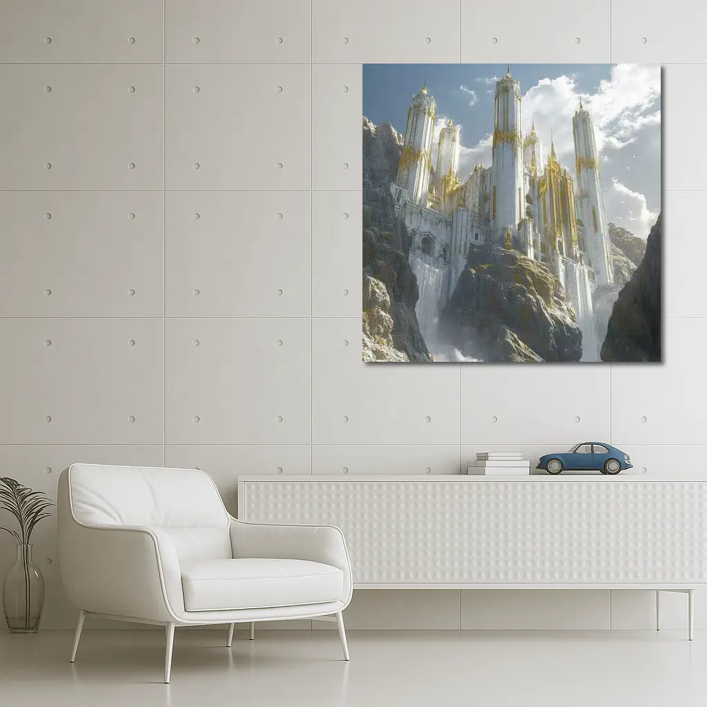 White Gold Fantasy Castle Mountain Cliff – Wall Art