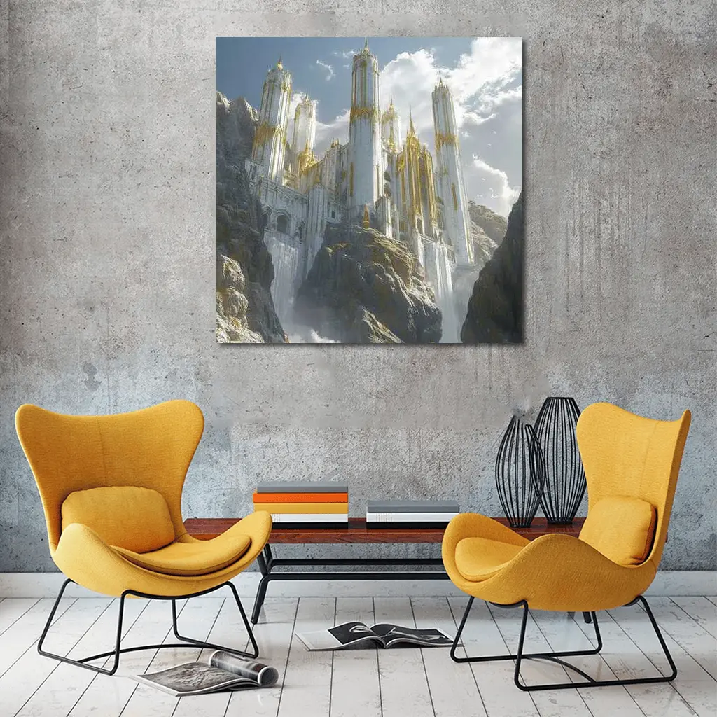 White Gold Fantasy Castle Mountain Cliff – Wall Art