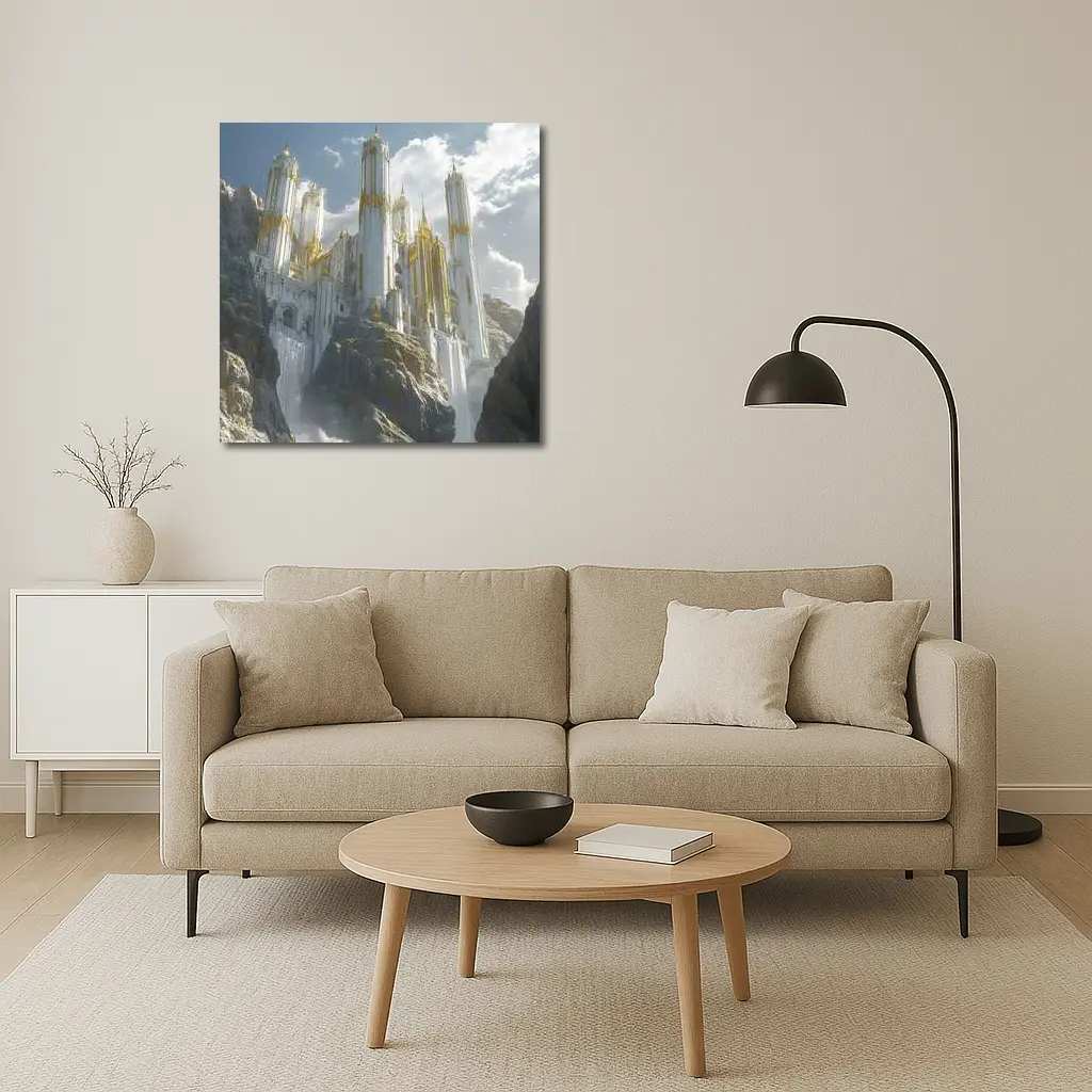 White Gold Fantasy Castle Mountain Cliff – Wall Art
