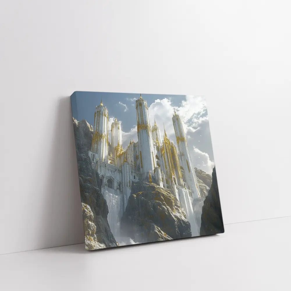 White Gold Fantasy Castle Mountain Cliff – Wall Art