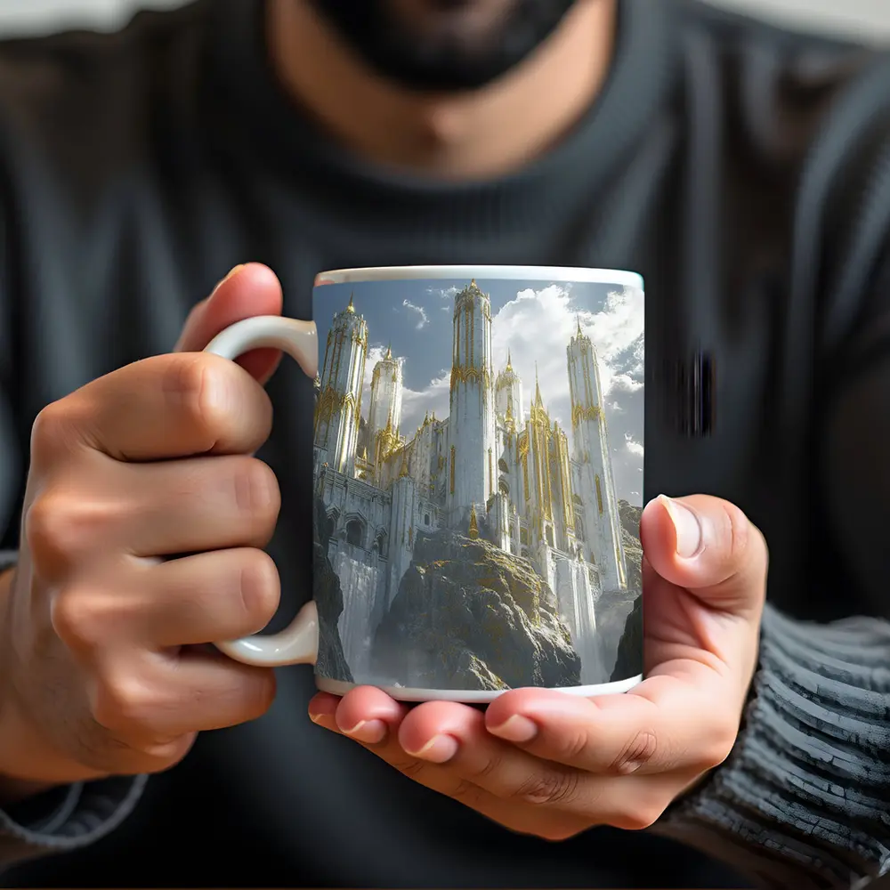 White Gold Fantasy Castle Mountain Cliff – Mugs