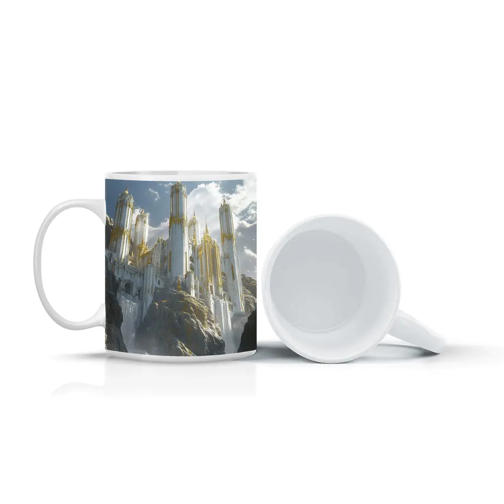 White Gold Fantasy Castle Mountain Cliff – Mugs
