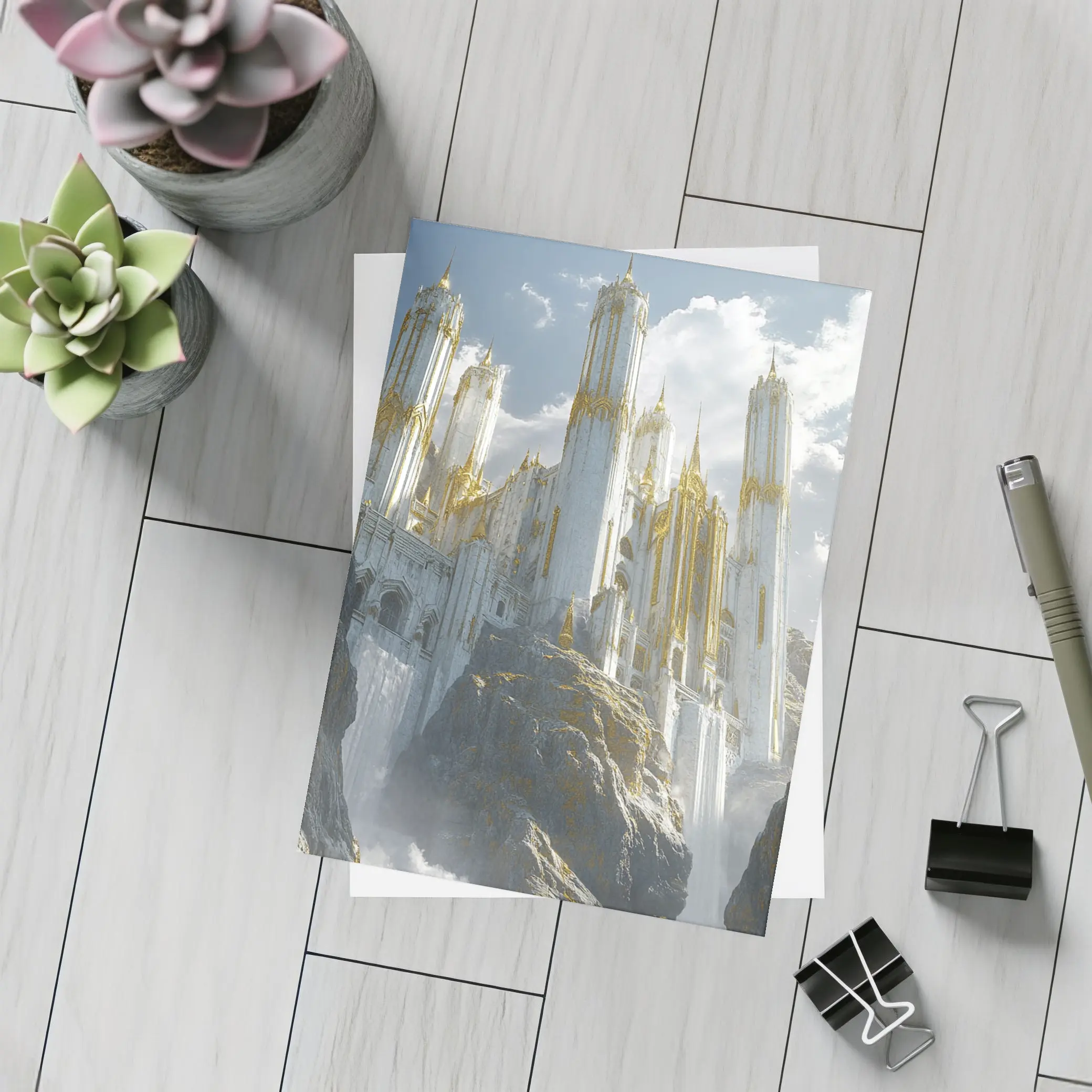 White Gold Fantasy Castle Mountain Cliff – Postcards