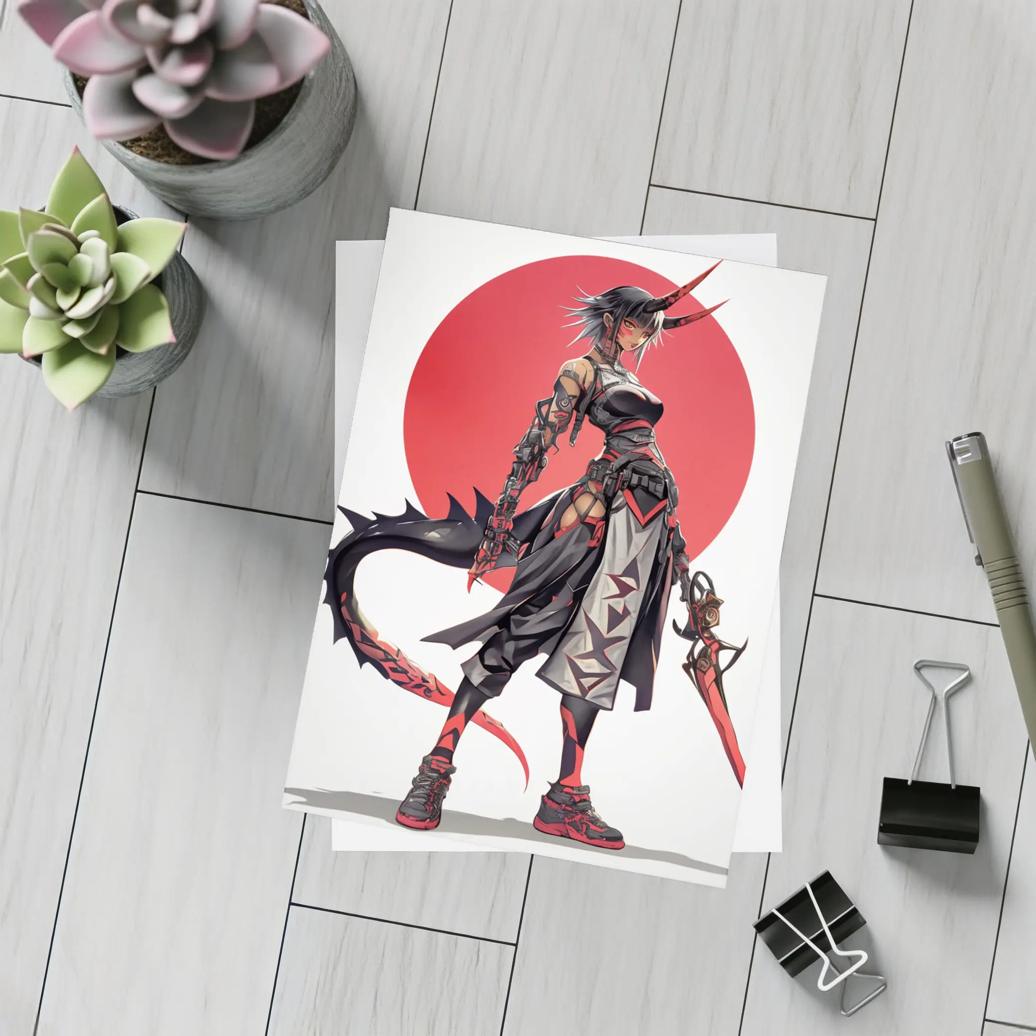 Anime Demon Girl Warrior Red Circle – Postcards
