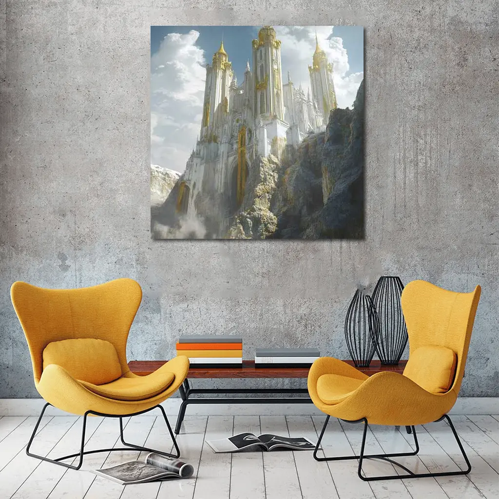 White Gold Fantasy Castle Rocky Cliffside – Wall Art