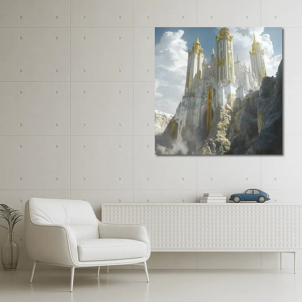 White Gold Fantasy Castle Rocky Cliffside – Wall Art