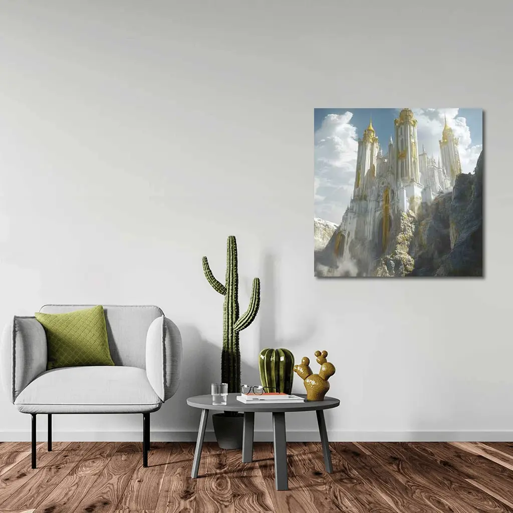 White Gold Fantasy Castle Rocky Cliffside – Wall Art