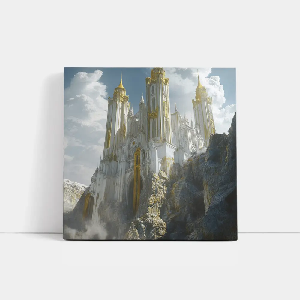 White Gold Fantasy Castle Rocky Cliffside – Wall Art