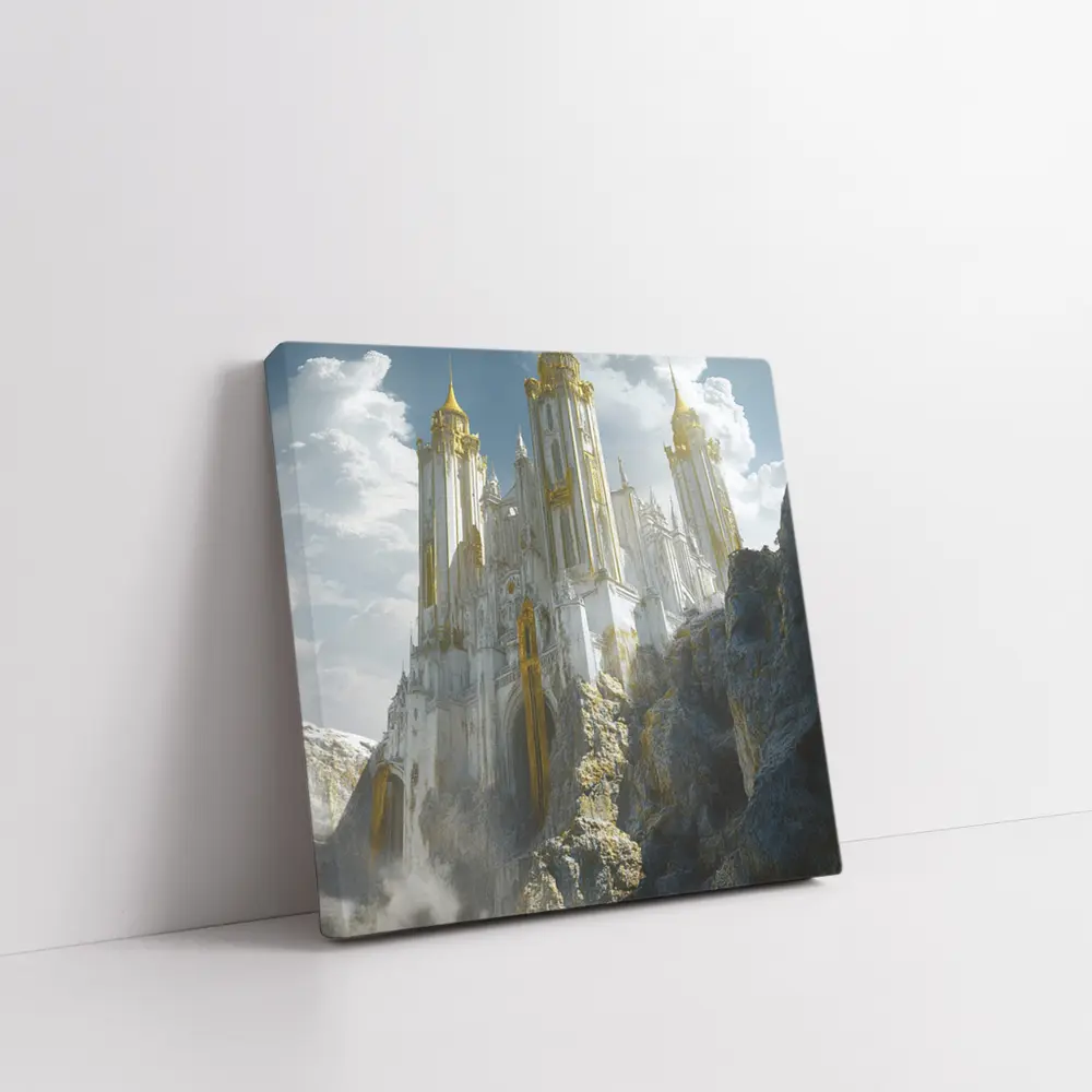 White Gold Fantasy Castle Rocky Cliffside – Wall Art