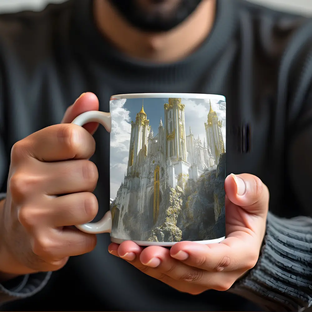 White Gold Fantasy Castle Rocky Cliffside – Mugs