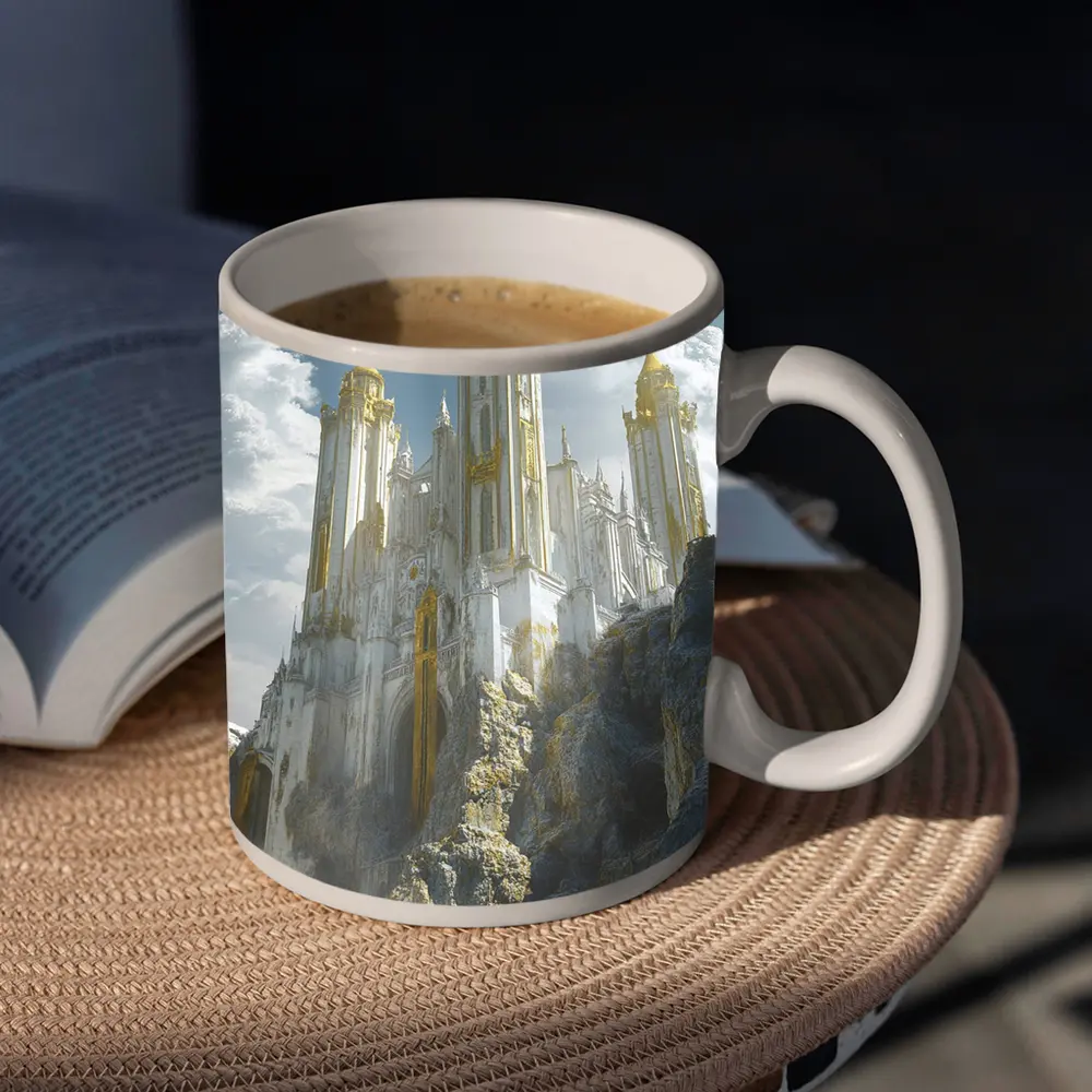White Gold Fantasy Castle Rocky Cliffside – Mugs