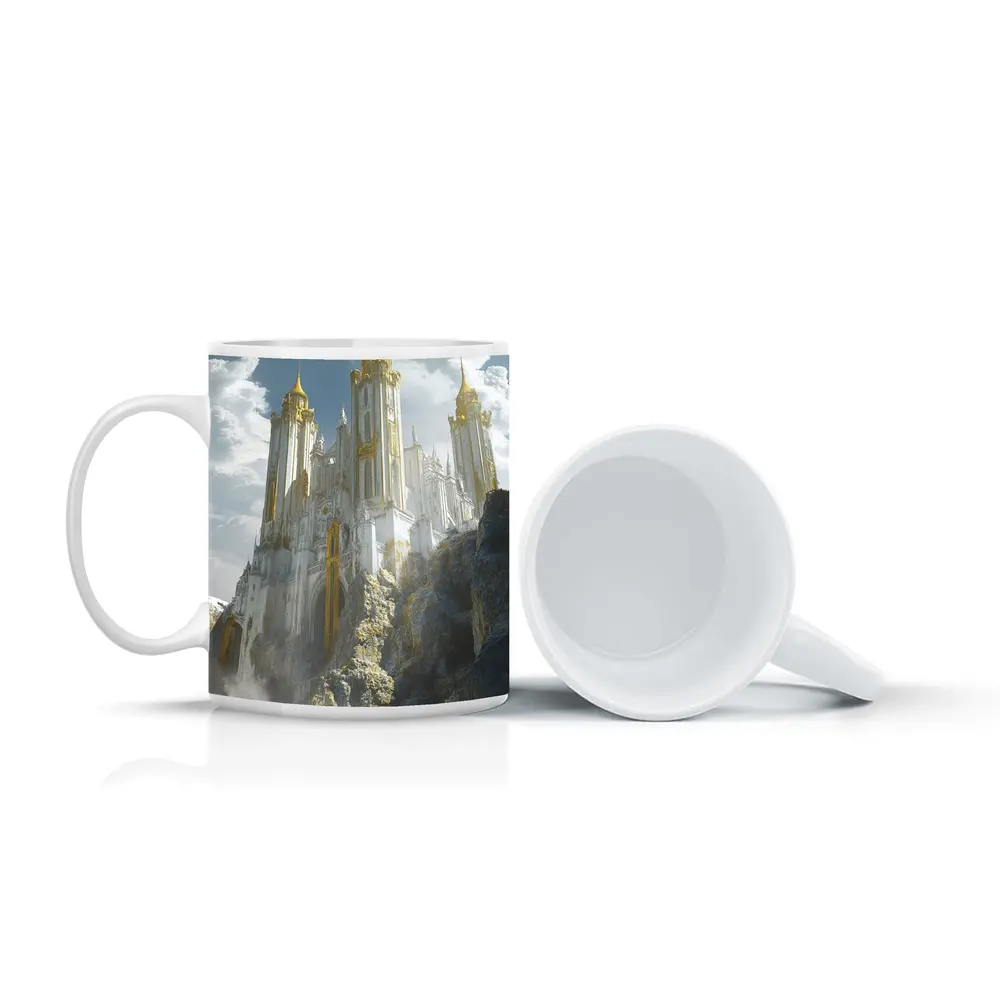 White Gold Fantasy Castle Rocky Cliffside – Mugs