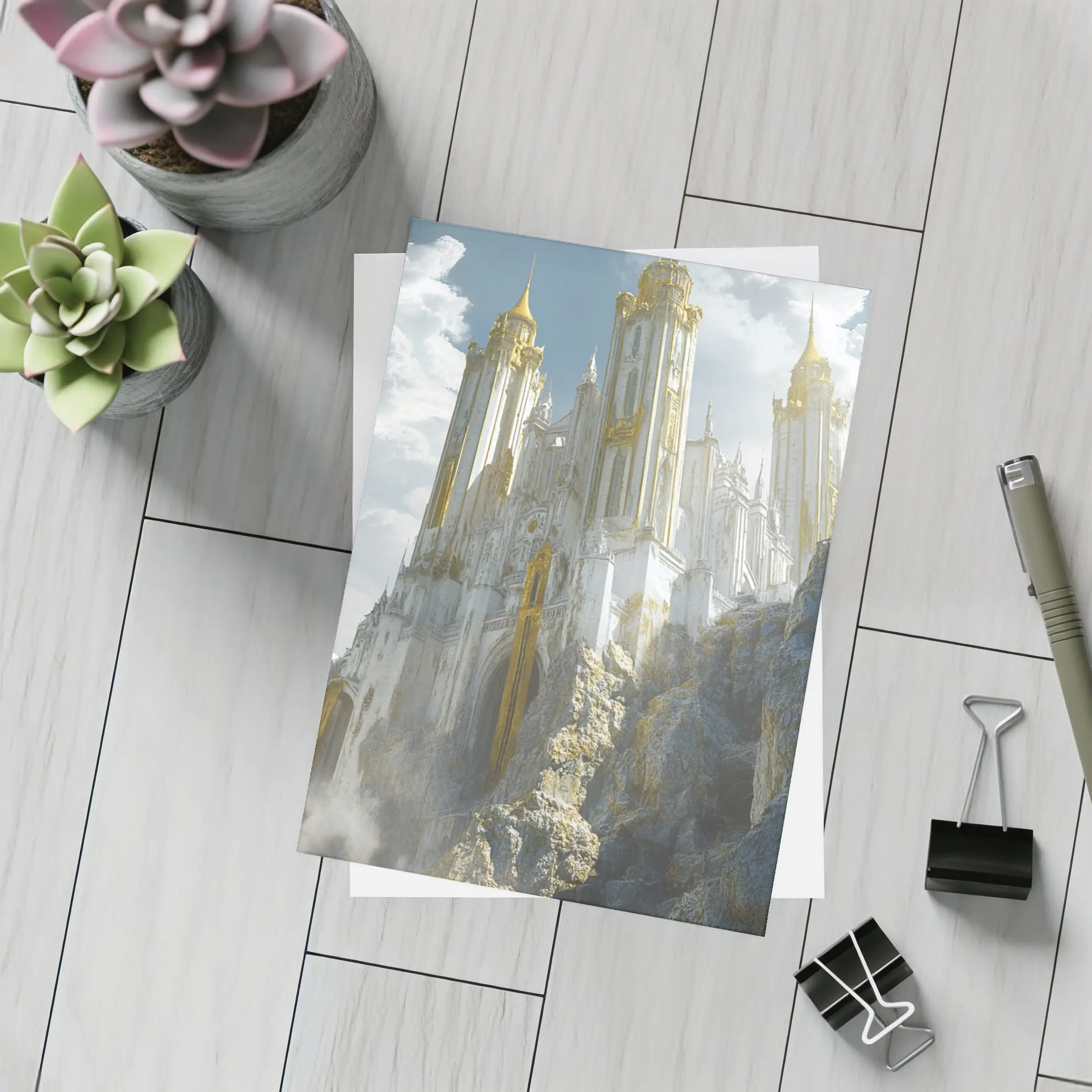 White Gold Fantasy Castle Rocky Cliffside – Postcards