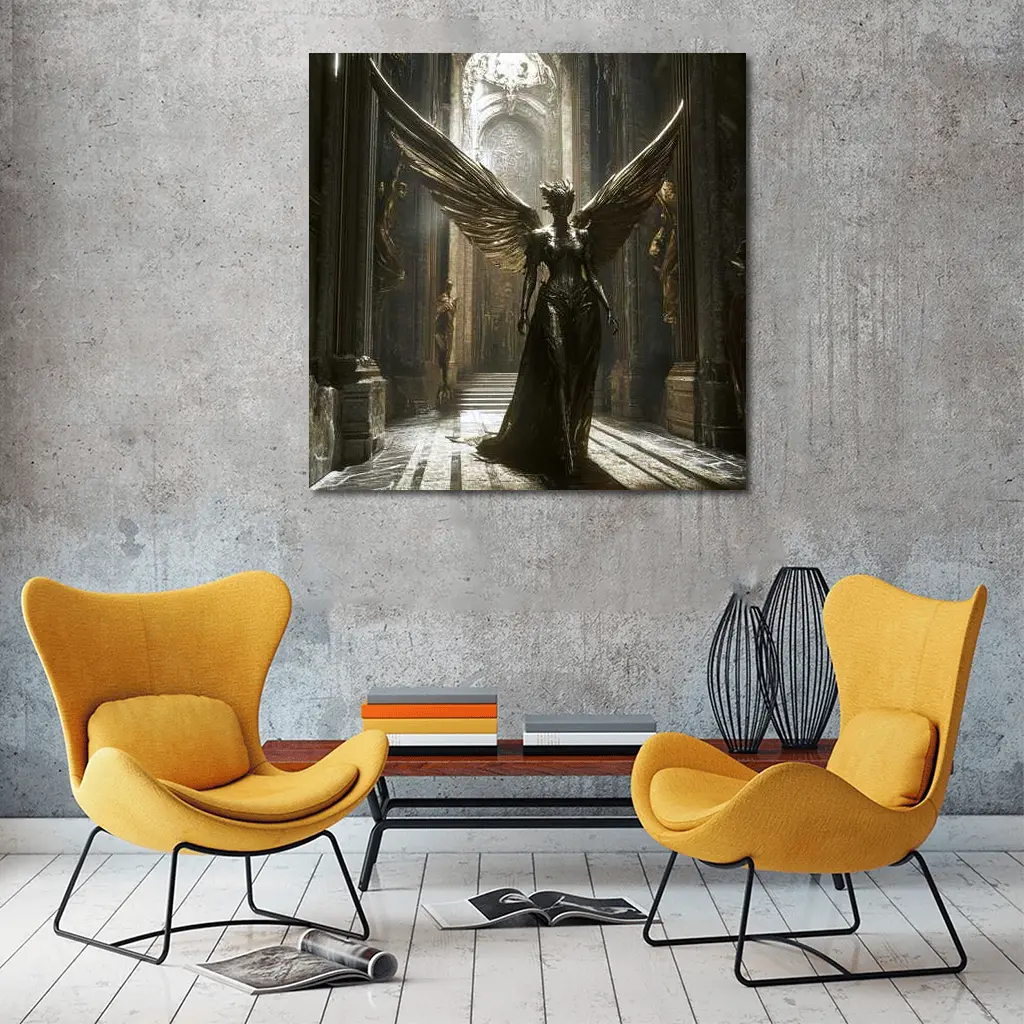 Dark Angel Statue Golden Wings Ancient Hall – Wall Art