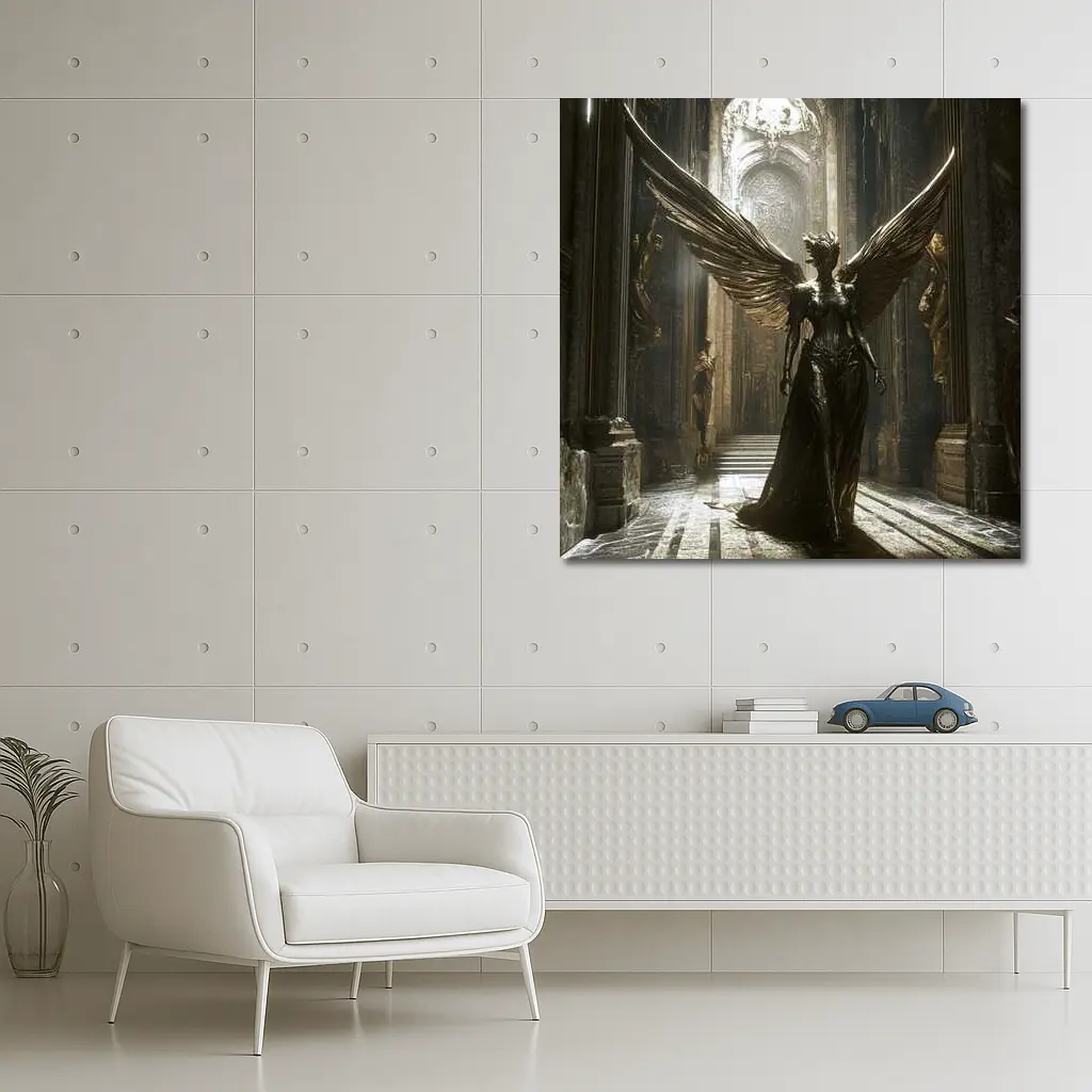 Dark Angel Statue Golden Wings Ancient Hall – Wall Art