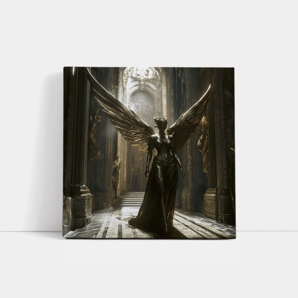 Dark Angel Statue Golden Wings Ancient Hall – Wall Art