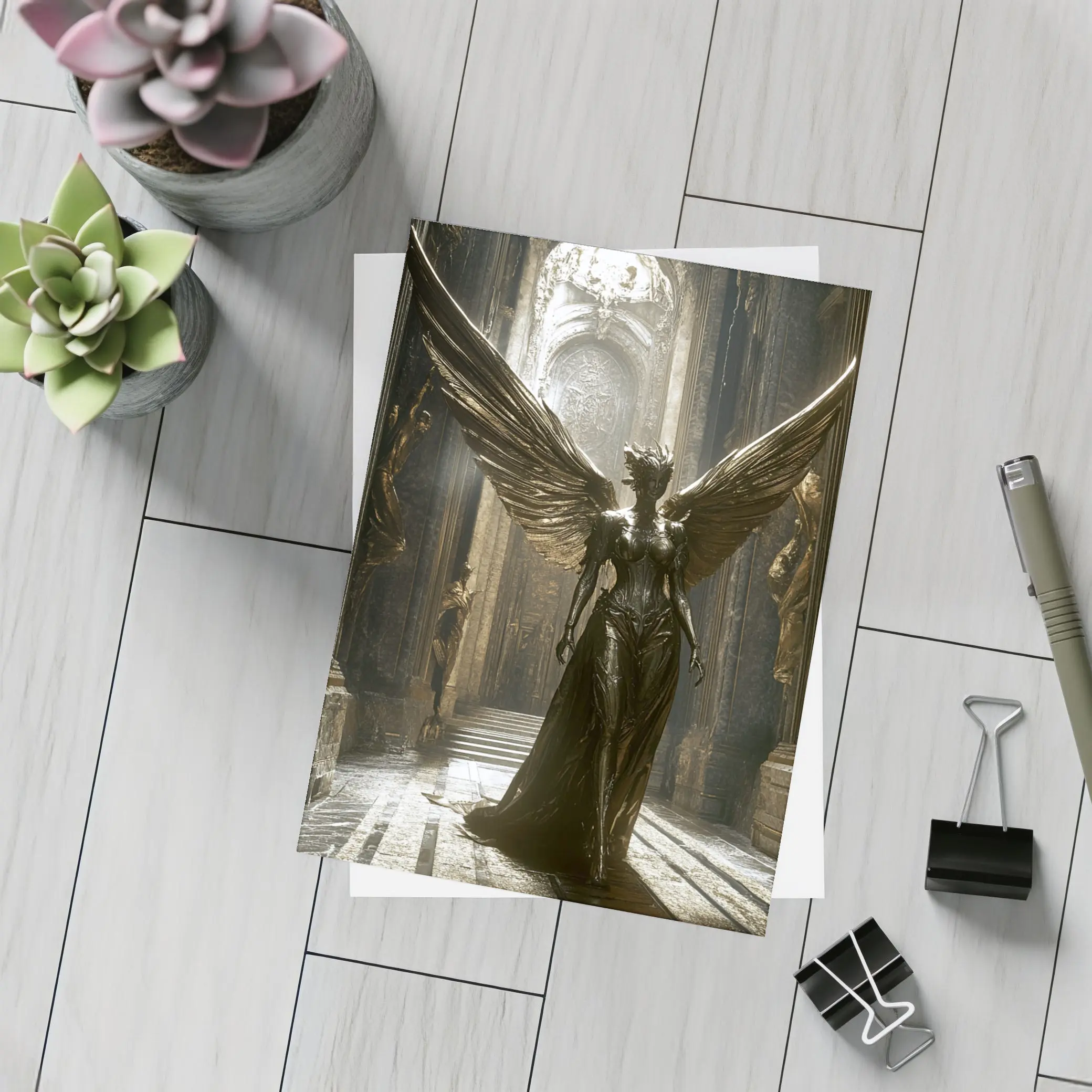 Dark Angel Statue Golden Wings Ancient Hall – Postcards