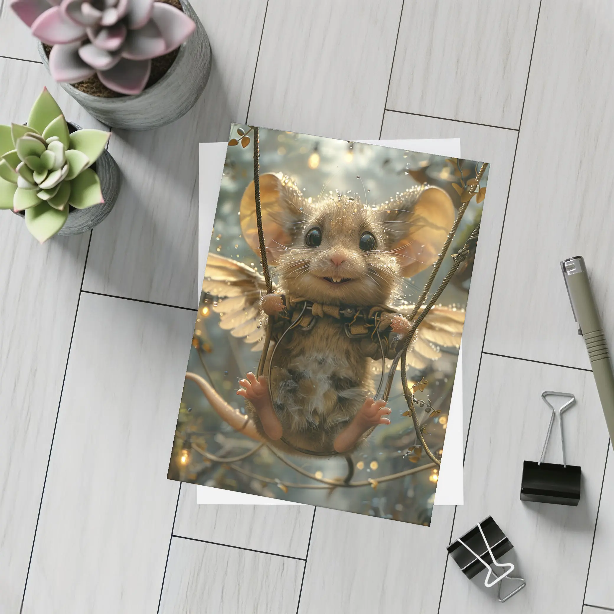 Winged Mouse Swinging Fantasy Forest Lights – Postcards
