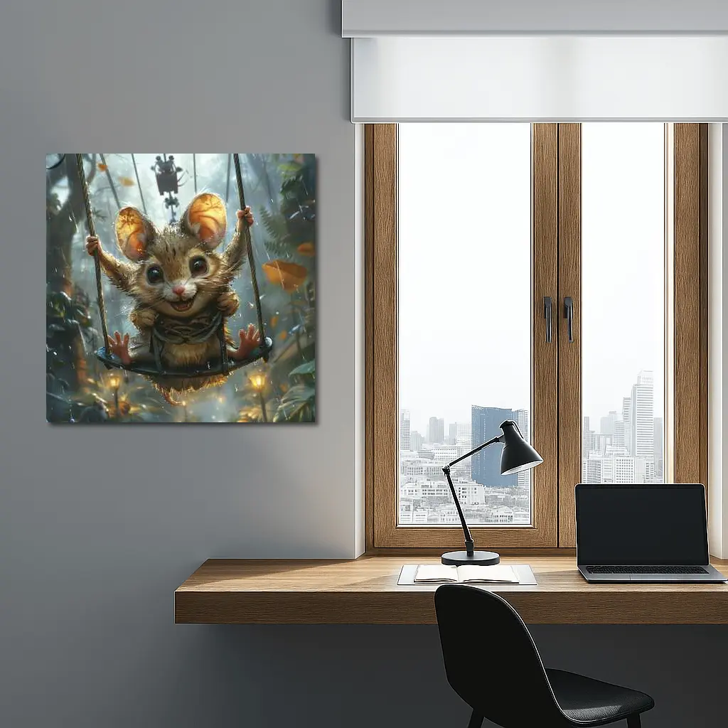 Cute Mouse on Swing Rainy Forest – Wall Art