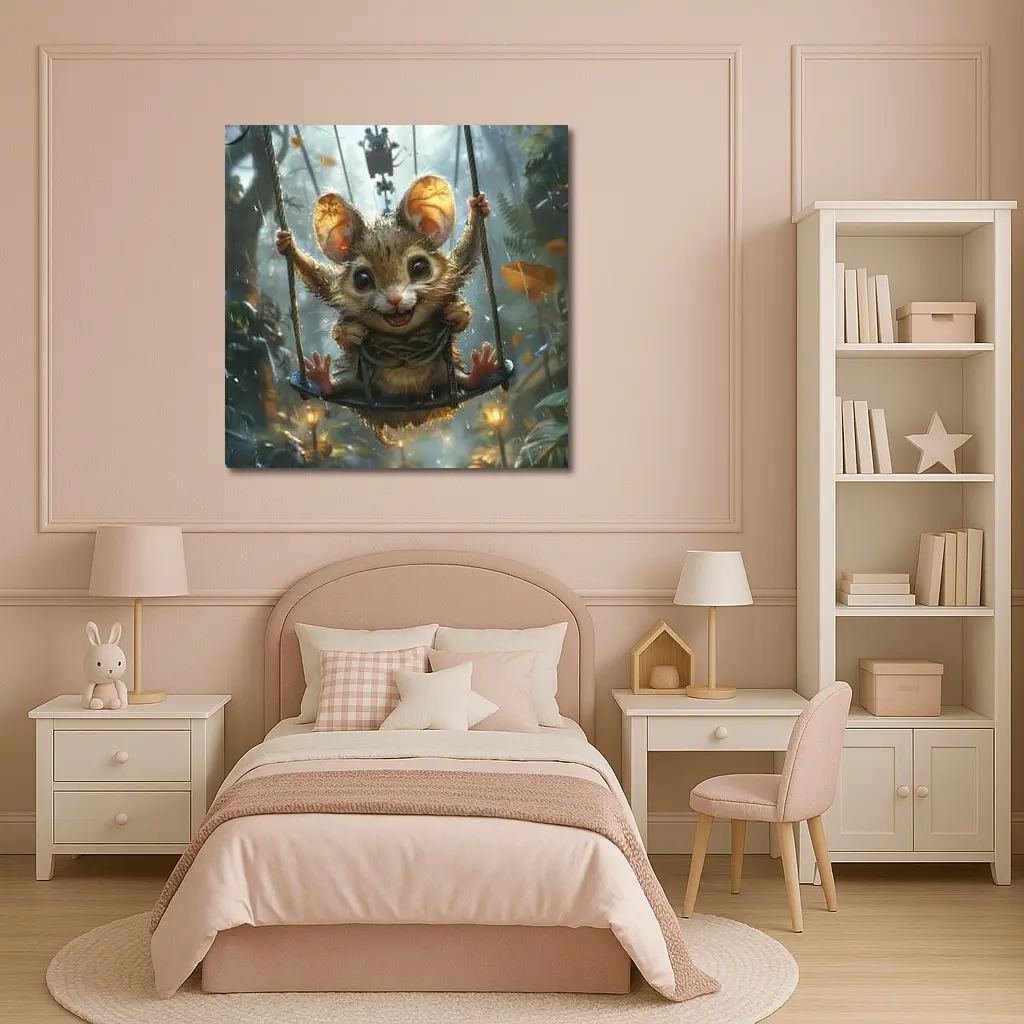 Cute Mouse on Swing Rainy Forest – Wall Art