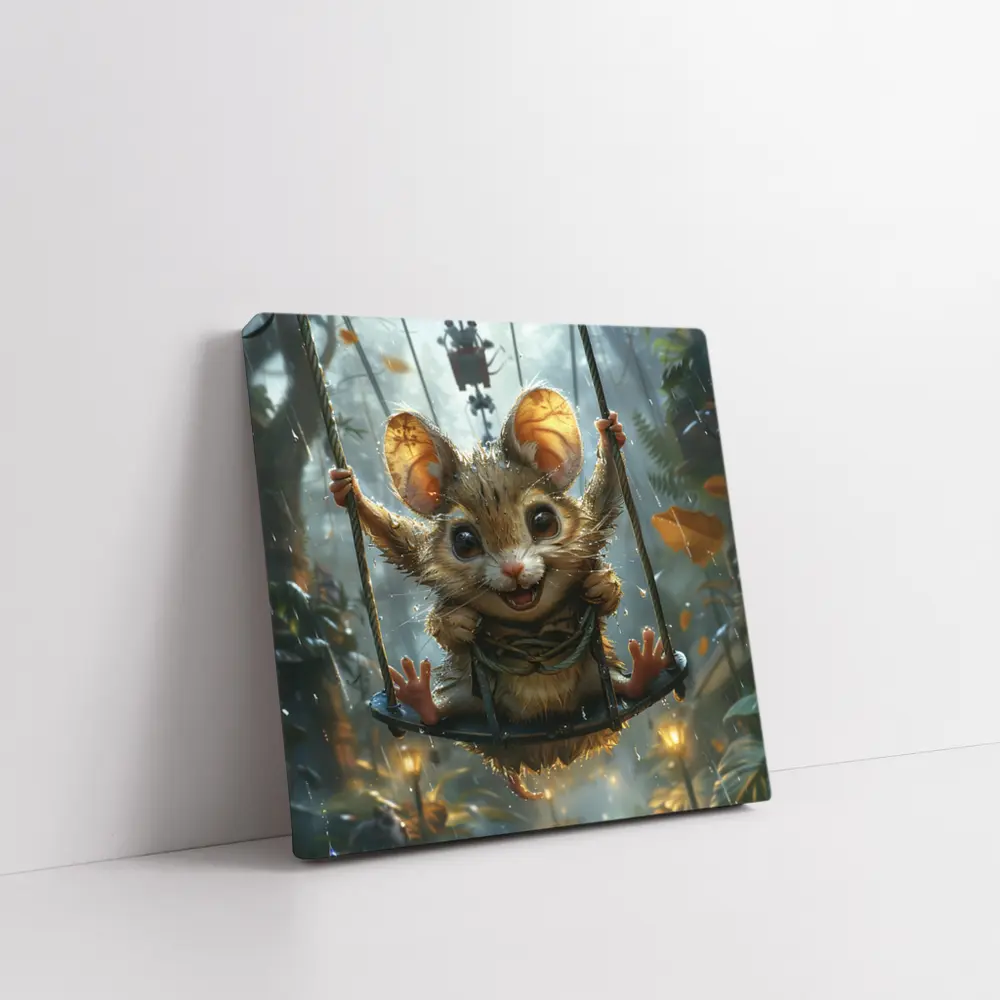 Cute Mouse on Swing Rainy Forest – Wall Art