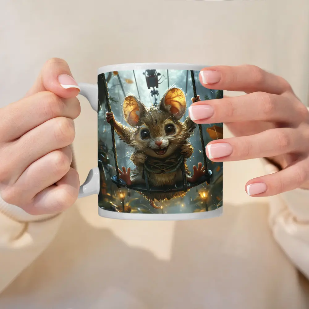Cute Mouse on Swing Rainy Forest – Mugs