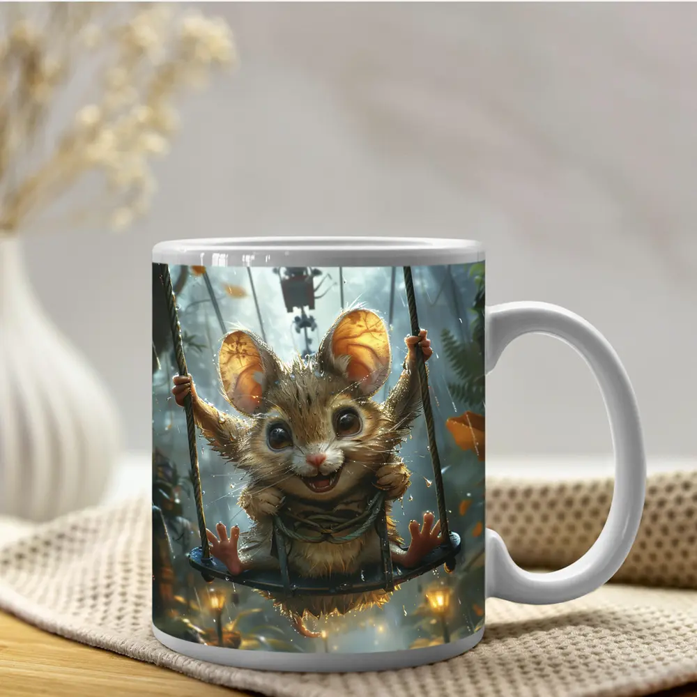 Cute Mouse on Swing Rainy Forest – Mugs