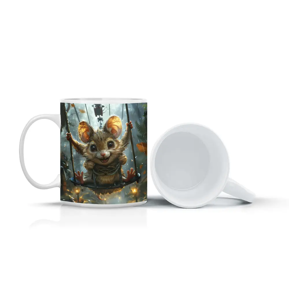 Cute Mouse on Swing Rainy Forest – Mugs