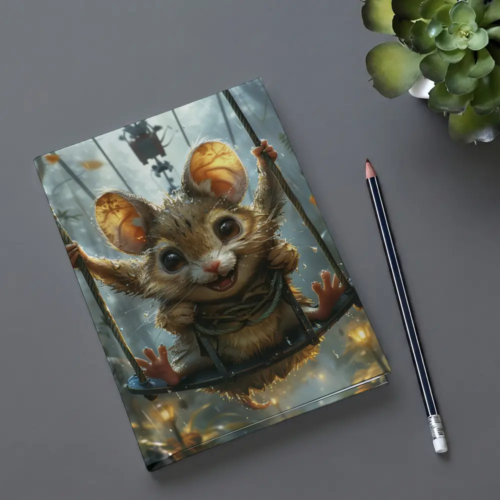 Cute Mouse on Swing Rainy Forest – Notebooks