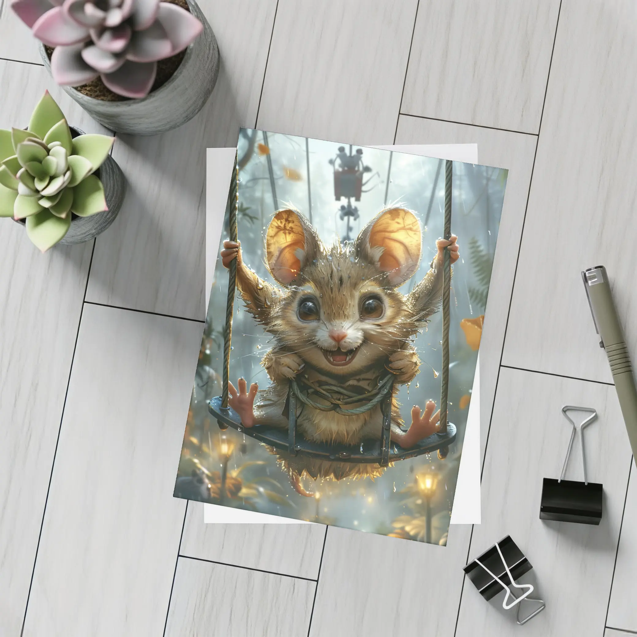 Cute Mouse on Swing Rainy Forest – Postcards
