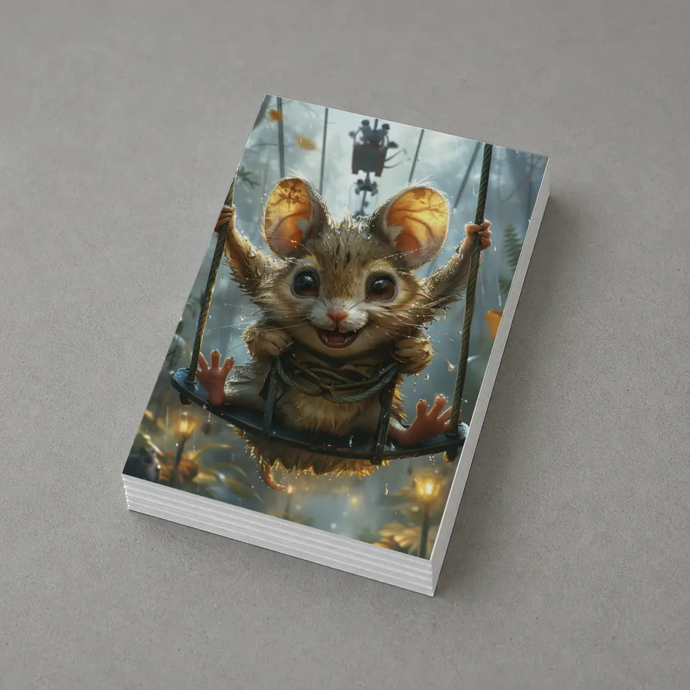 Cute Mouse on Swing Rainy Forest – Postcards