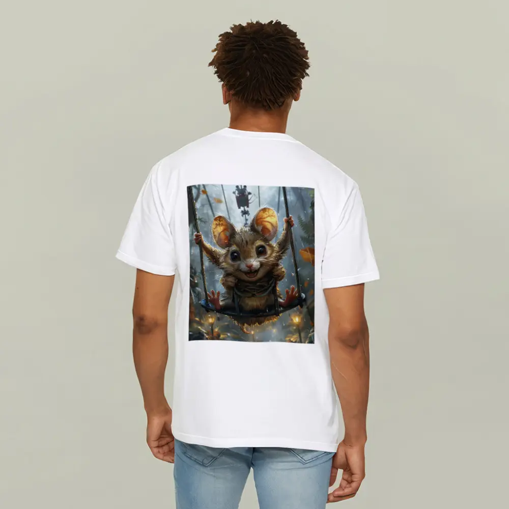 Cute Mouse on Swing Rainy Forest – T-Shirts
