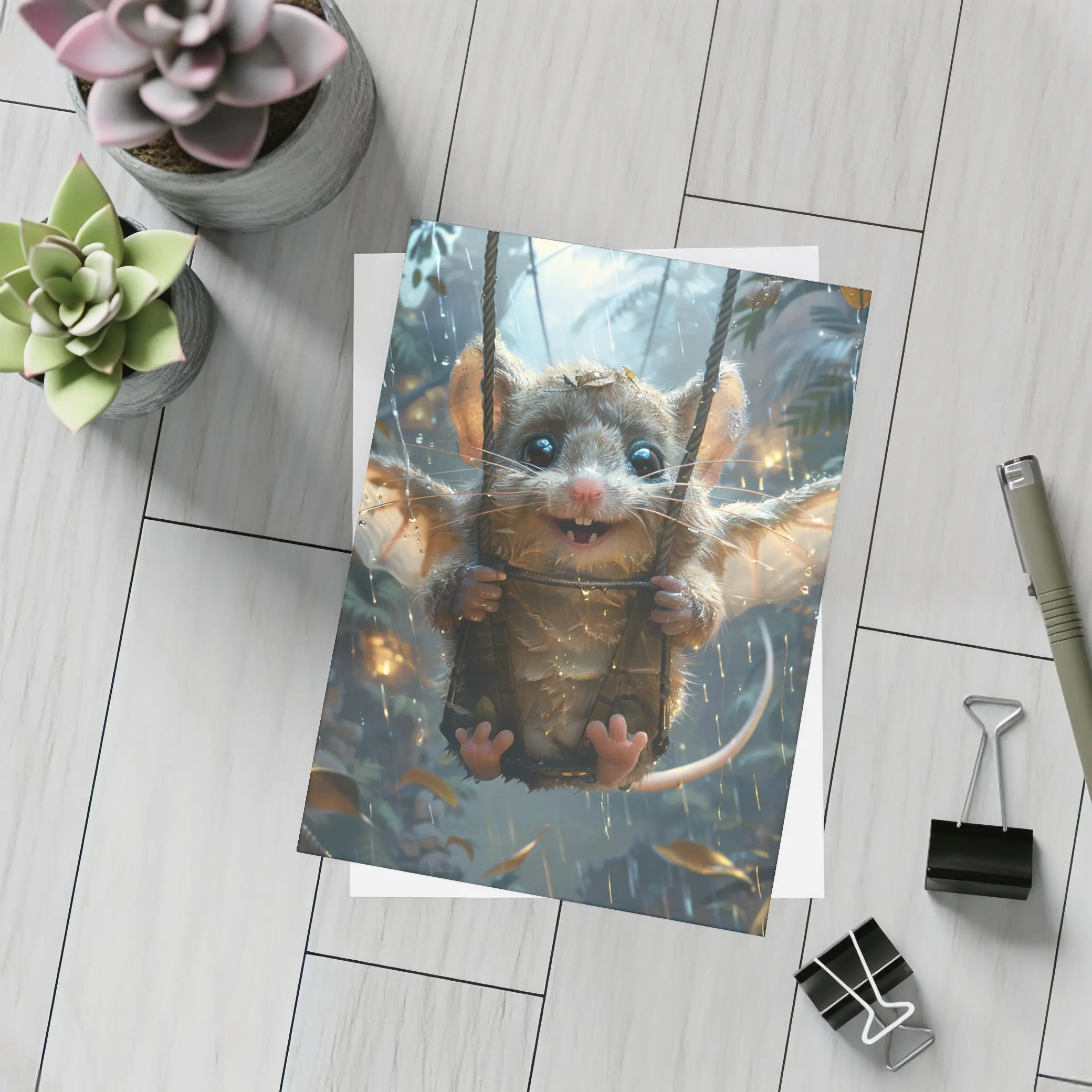Fantasy Possum On Swing Rainy Forest – Postcards