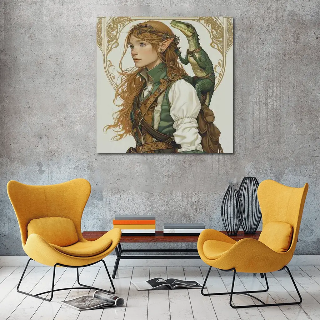 Elf Girl With Dragon Fantasy Art Nouveau – Wall Art