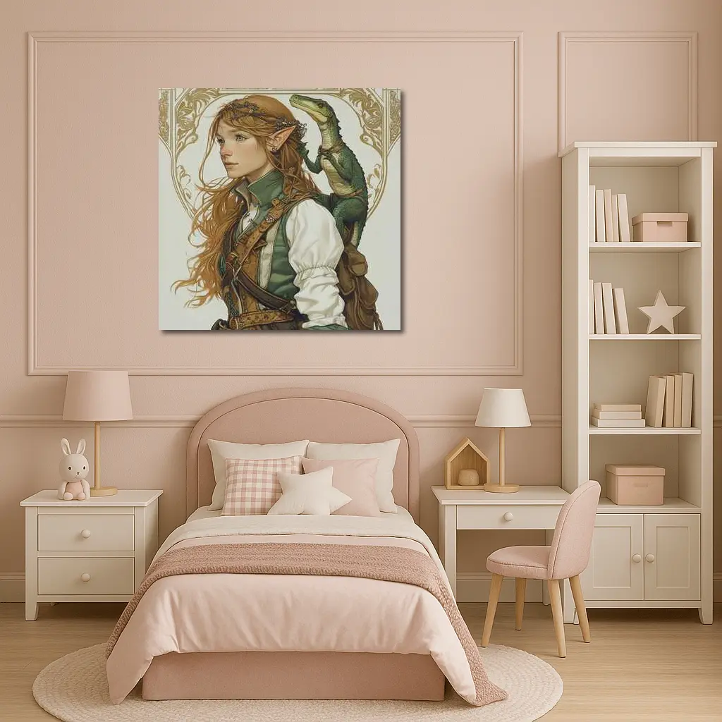 Elf Girl With Dragon Fantasy Art Nouveau – Wall Art