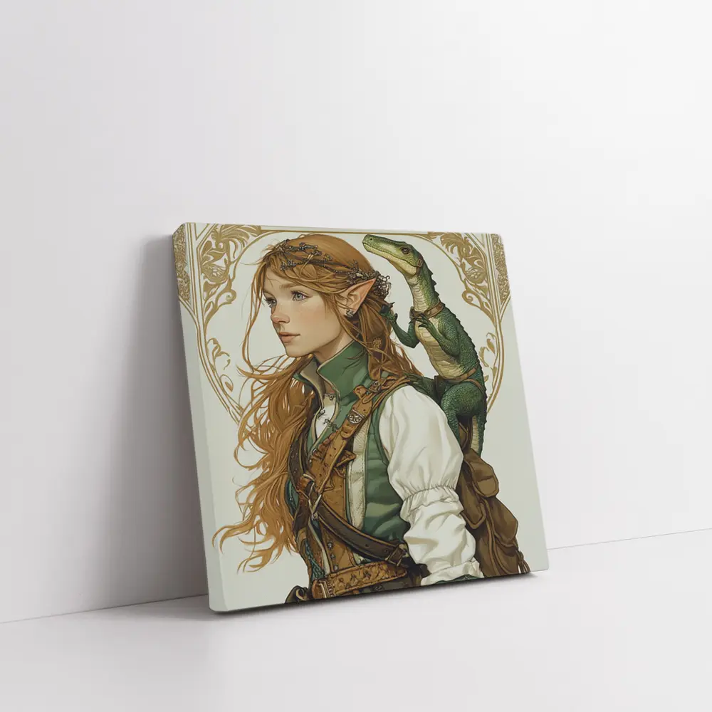 Elf Girl With Dragon Fantasy Art Nouveau – Wall Art
