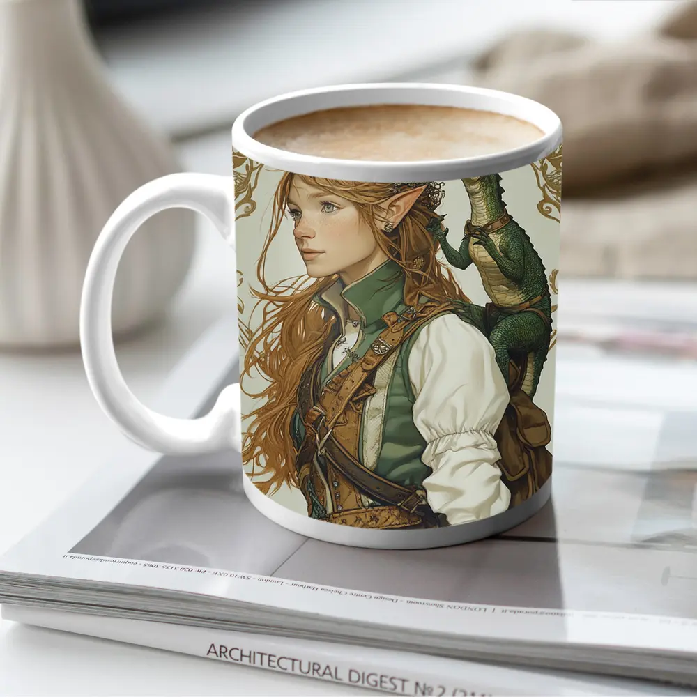 Elf Girl With Dragon Fantasy Art Nouveau – Mugs