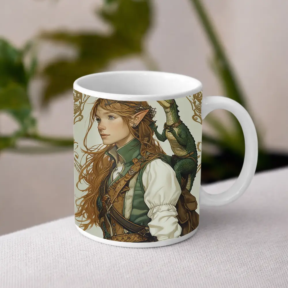 Elf Girl With Dragon Fantasy Art Nouveau – Mugs
