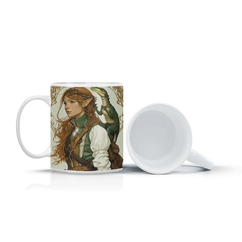 Elf Girl With Dragon Fantasy Art Nouveau – Mugs