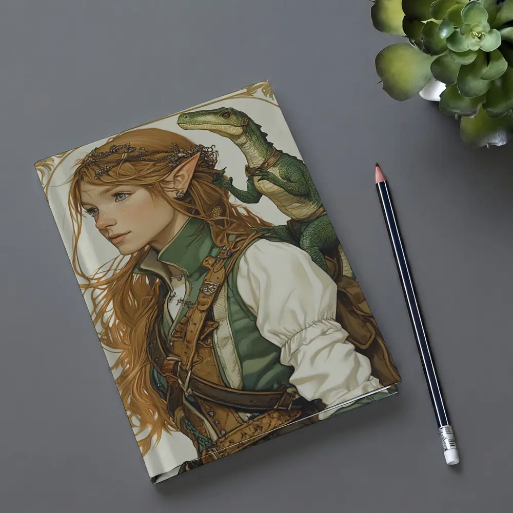 Elf Girl With Dragon Fantasy Art Nouveau – Notebooks