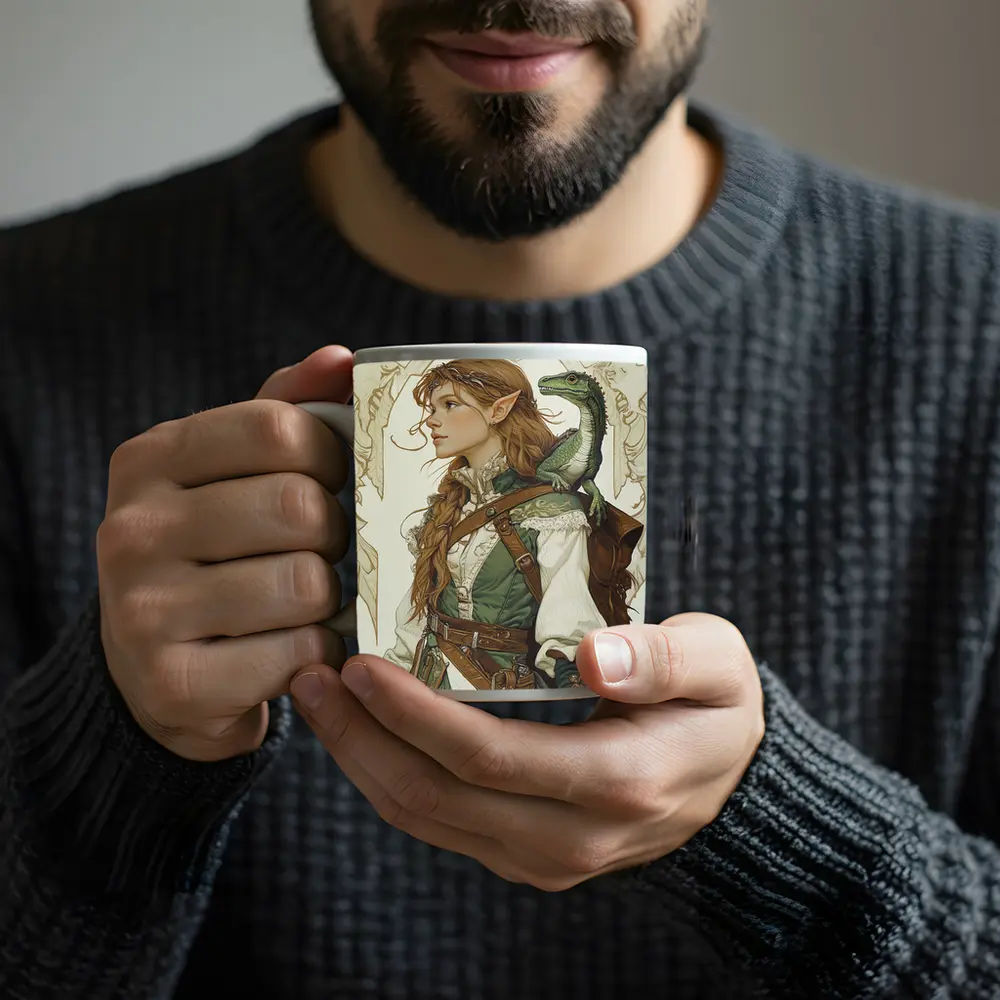 Elf Ranger Girl With Baby Dragon Fantasy Art – Mugs