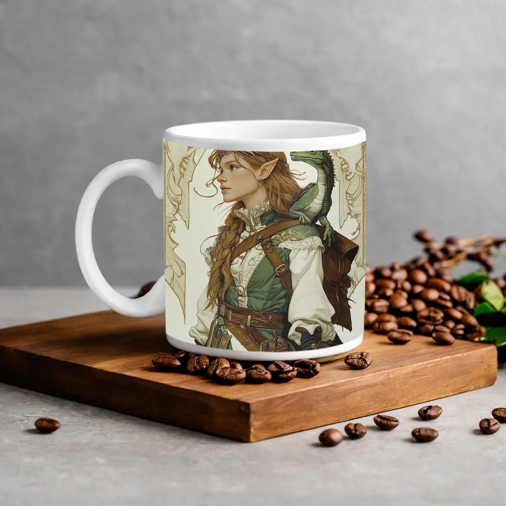 Elf Ranger Girl With Baby Dragon Fantasy Art – Mugs