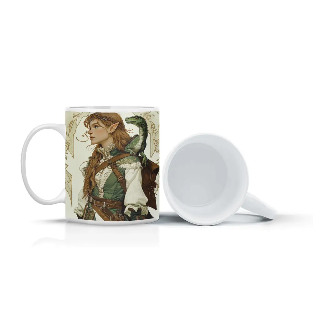 Elf Ranger Girl With Baby Dragon Fantasy Art – Mugs