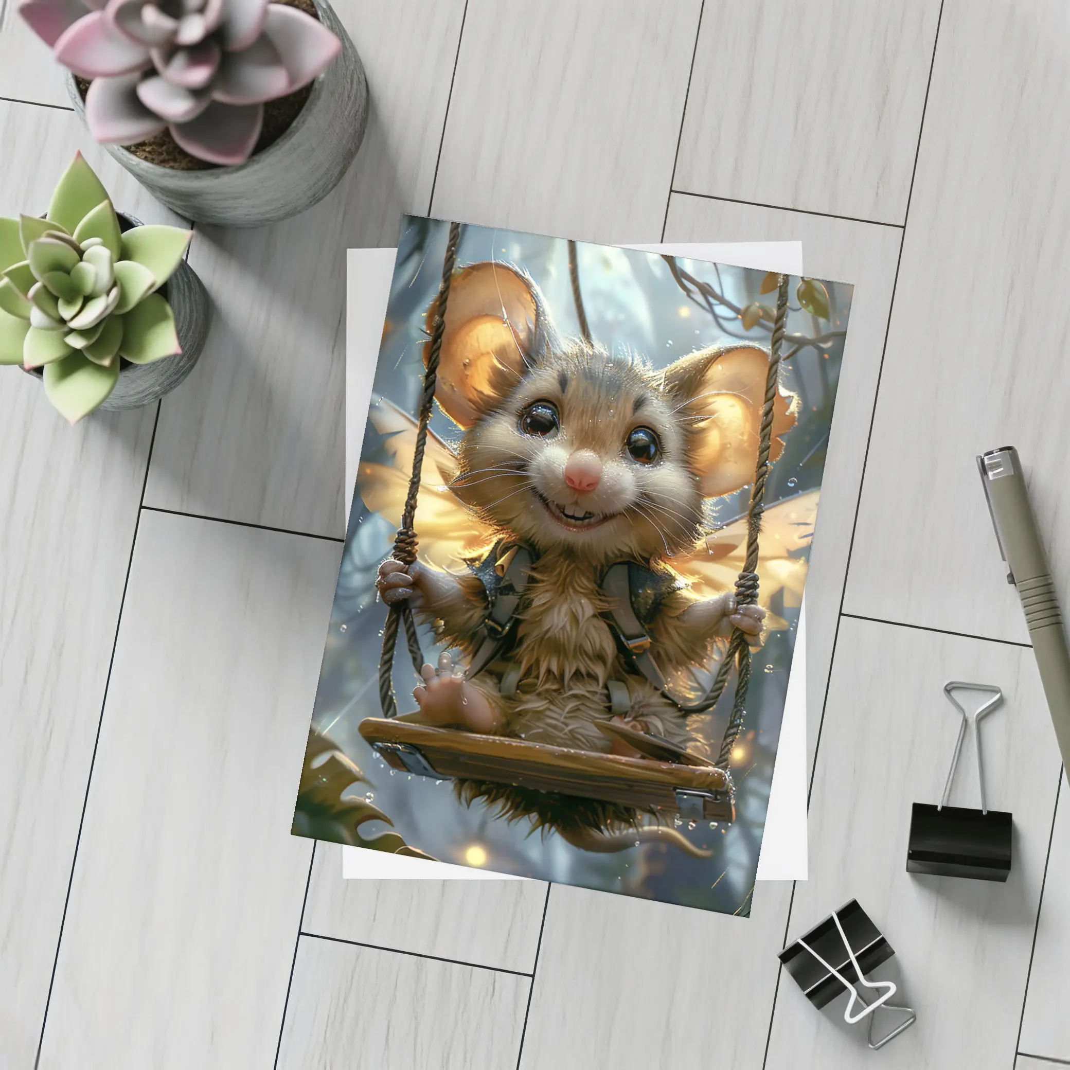 Fantasy Mouse Fairy Swinging In Enchanted Forest – Postcards