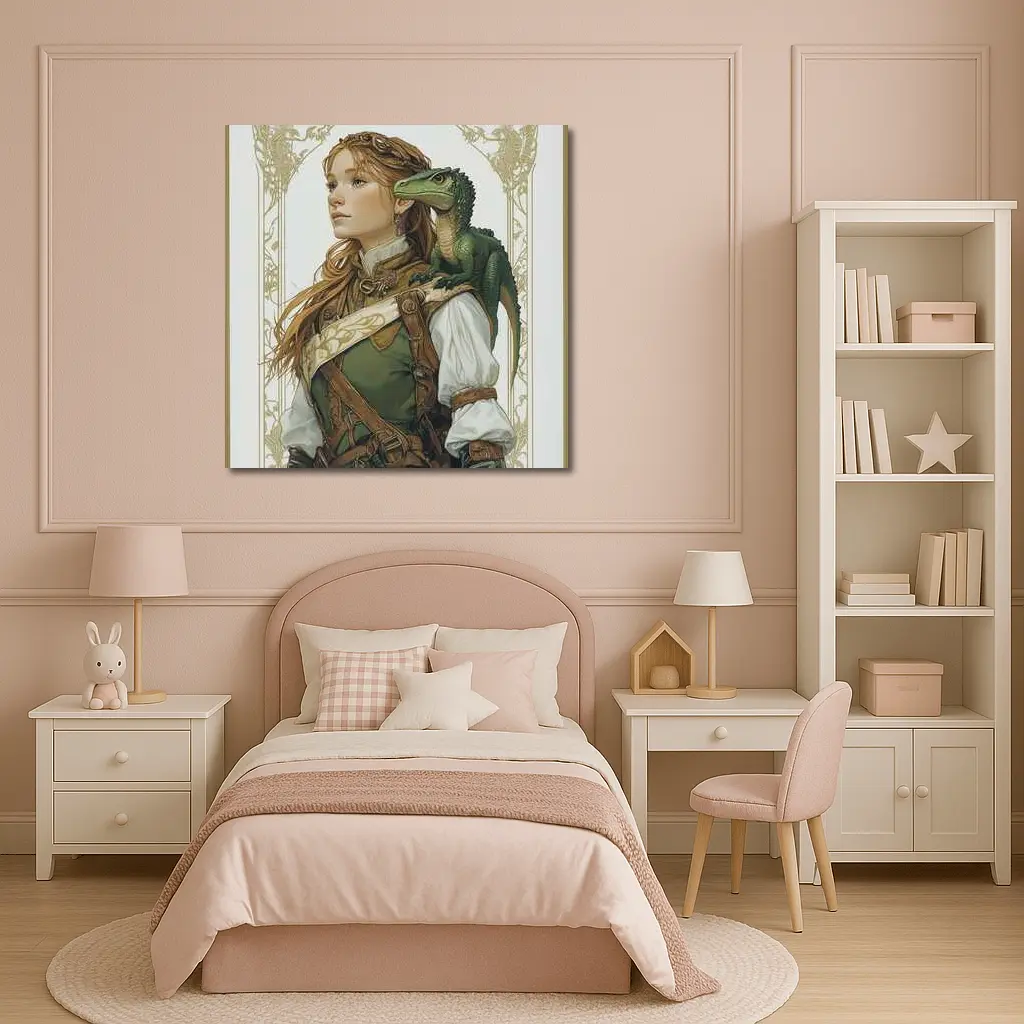 Fantasy Girl with Dragon Art Nouveau Style – Wall Art