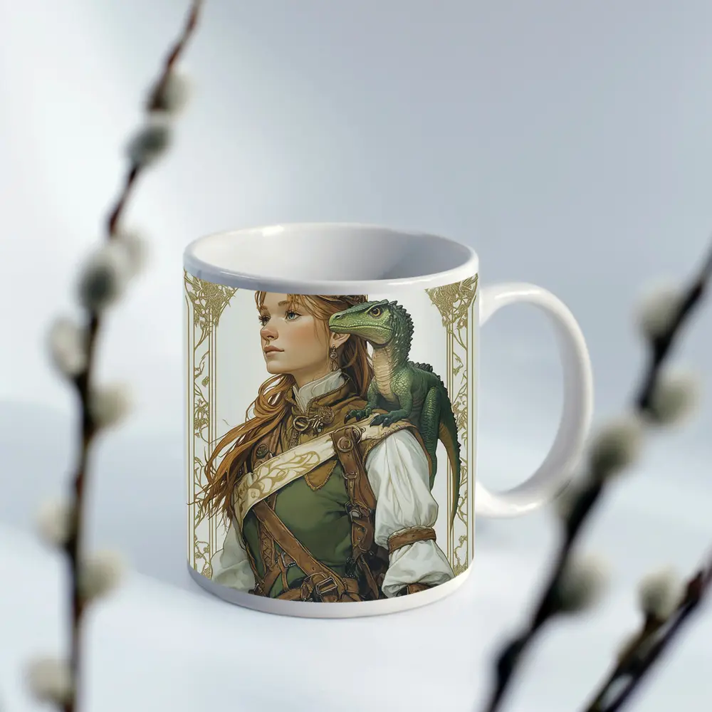 Fantasy Girl with Dragon Art Nouveau Style – Mugs