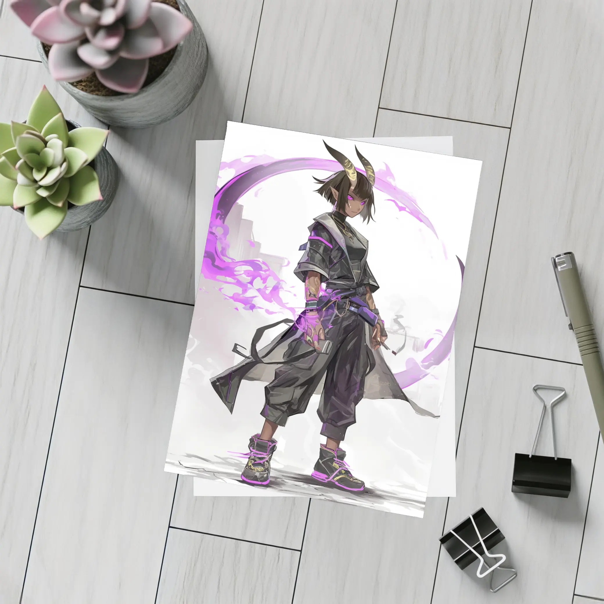Dark Horned Warrior Purple Magic Anime Art – Postcards