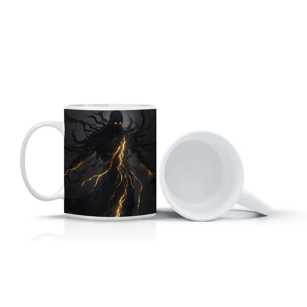 Dark Shadow Demon Glowing Lightning Dark Background – Mugs