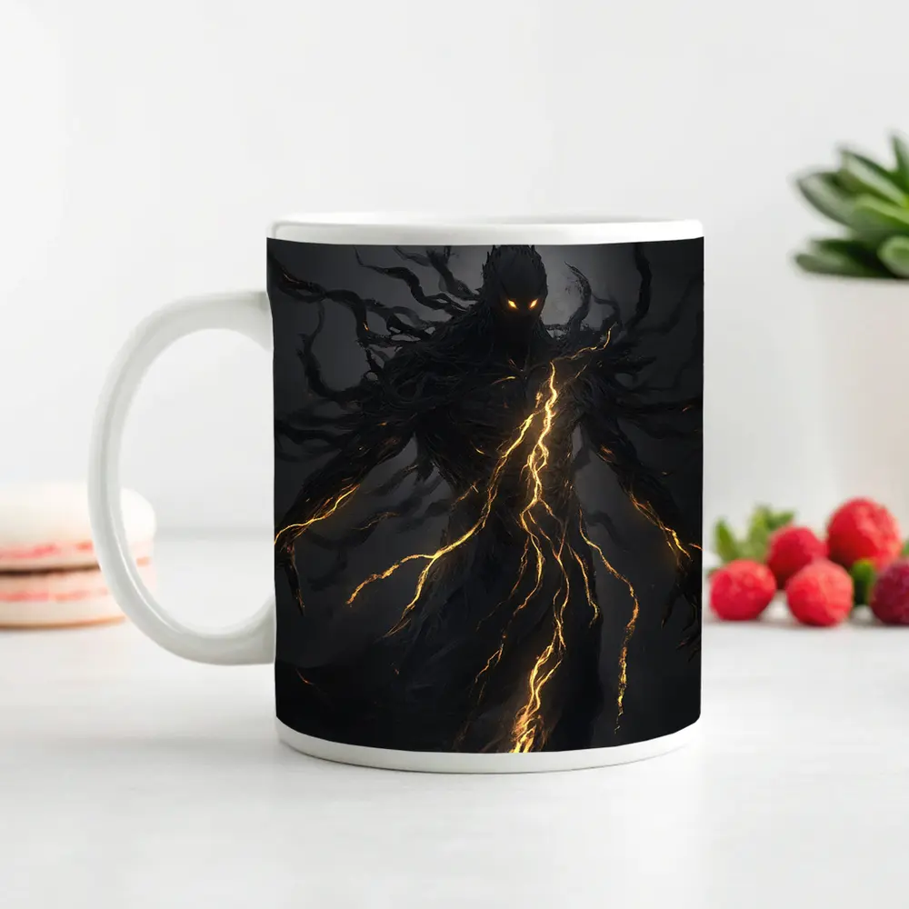 Dark Shadow Demon Glowing Lightning Dark Background – Mugs