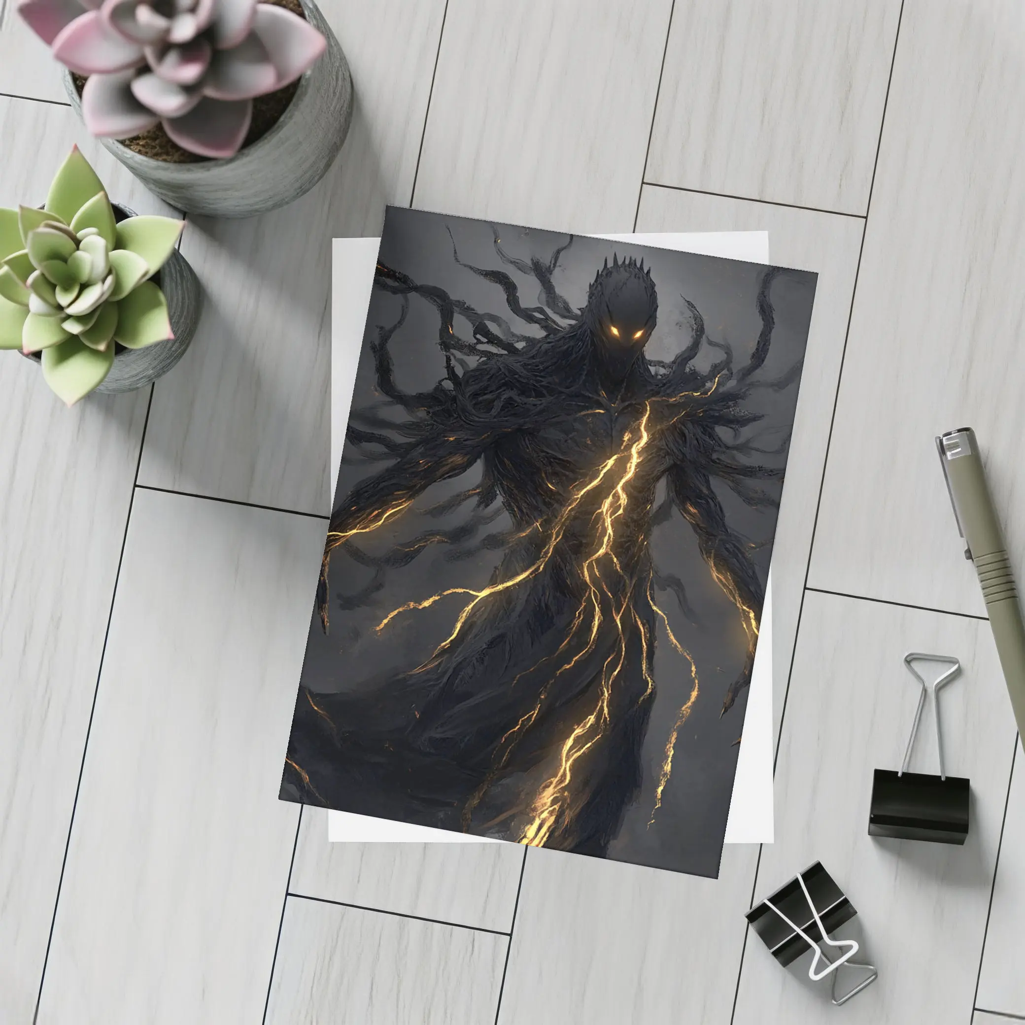 Dark Shadow Demon Glowing Lightning Dark Background – Postcards
